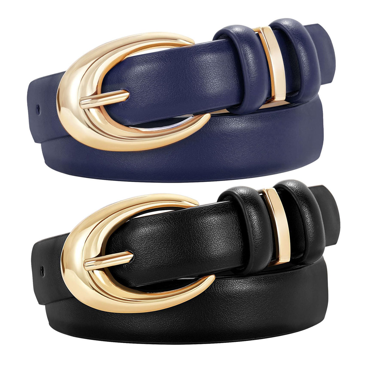 Women's Faux Leather Belt with Gold Buckle 2-Pack