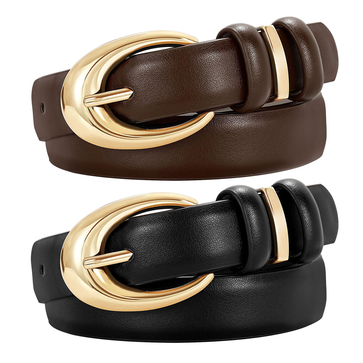 Women's Faux Leather Belt with Gold Buckle 2-Pack