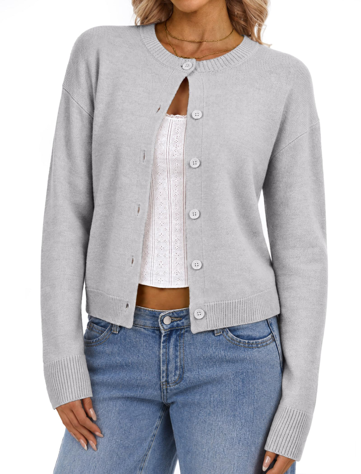 DLOODA Women's Cropped Crew Neck Cardigan Sweater