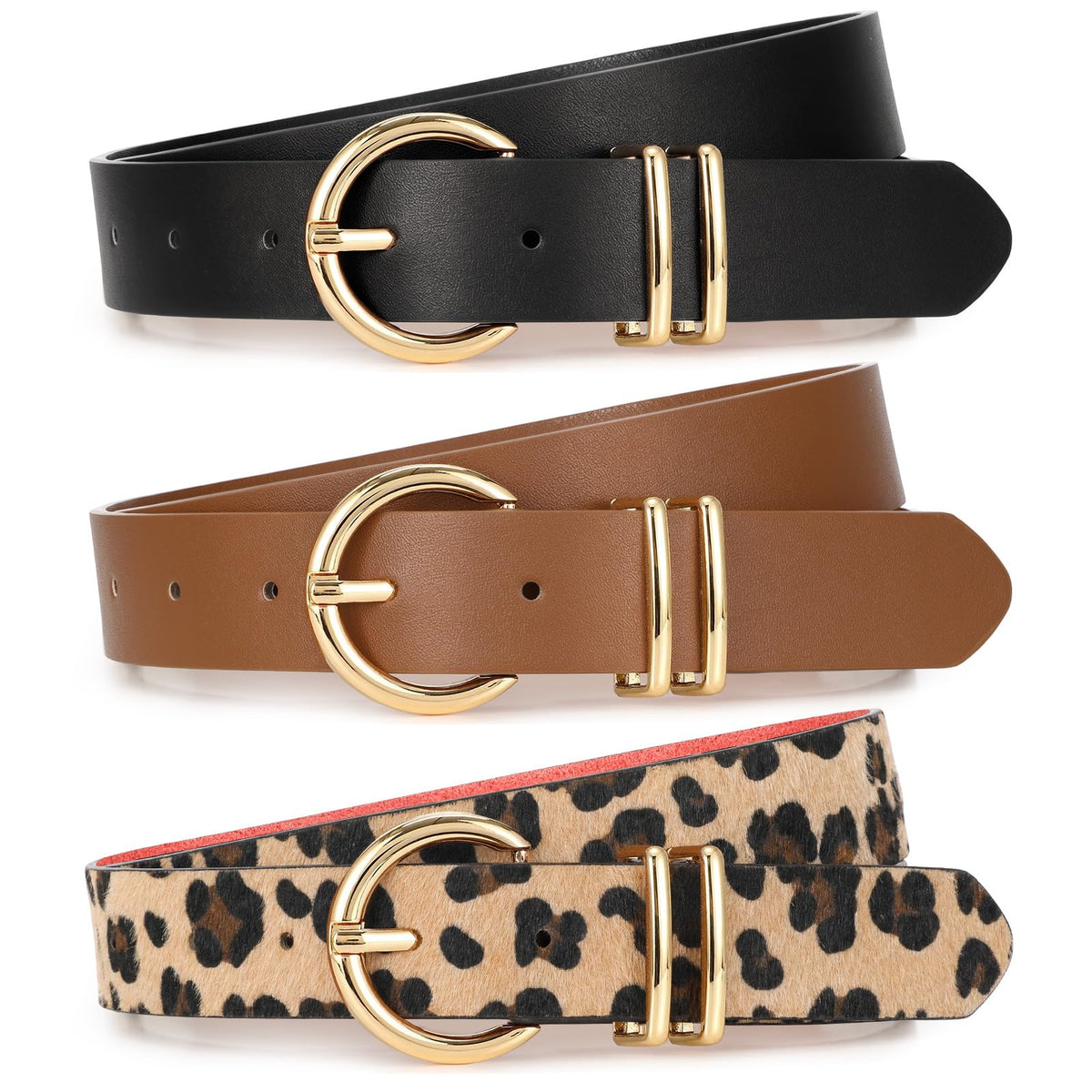 Women's Leather Waist Belts with Gold Buckle 3-Pack