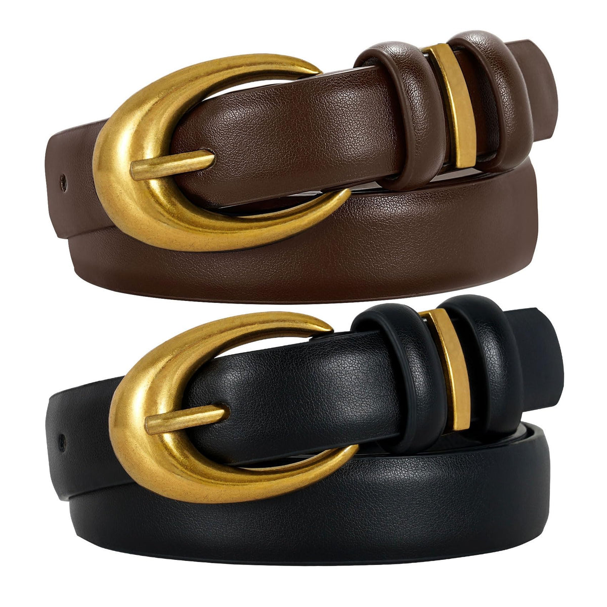 Women's Faux Leather Belt with Gold Buckle 2-Pack