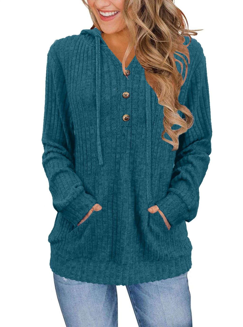 XMTOPYE Women's Henley Neck Pullover Hoodie Sweater