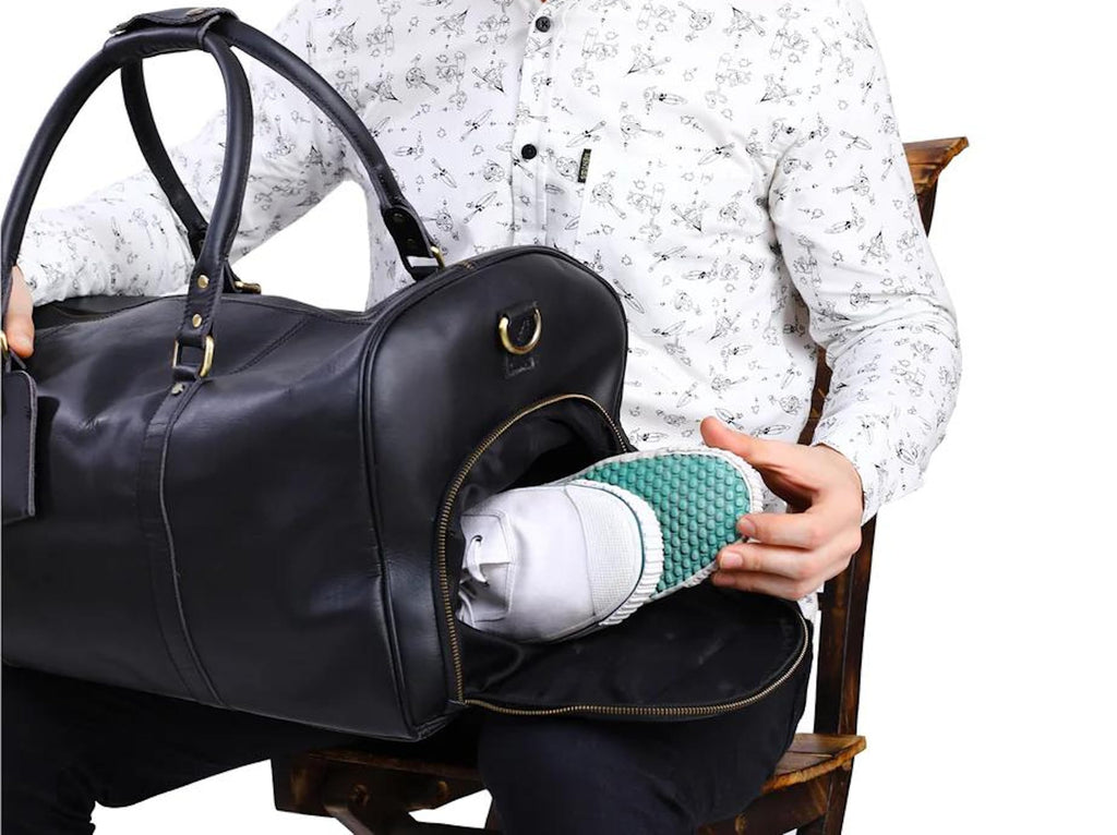 Men's Waterproof Leather Weekender Duffle Bag with Shoe Compartment