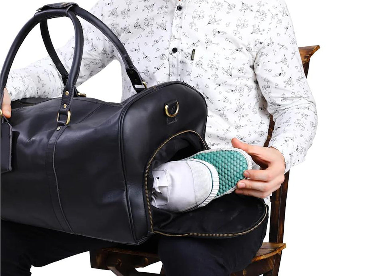 Men's Waterproof Leather Weekender Duffle Bag with Shoe Compartment