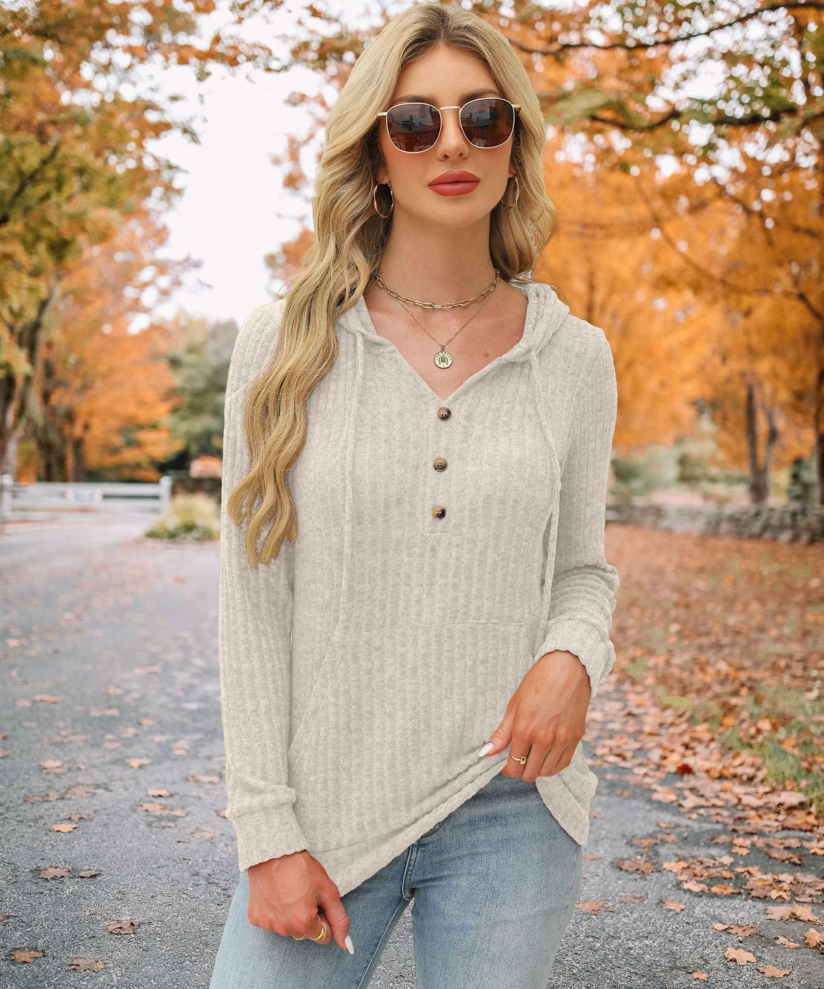 XMTOPYE Women's Henley Neck Pullover Hoodie Sweater