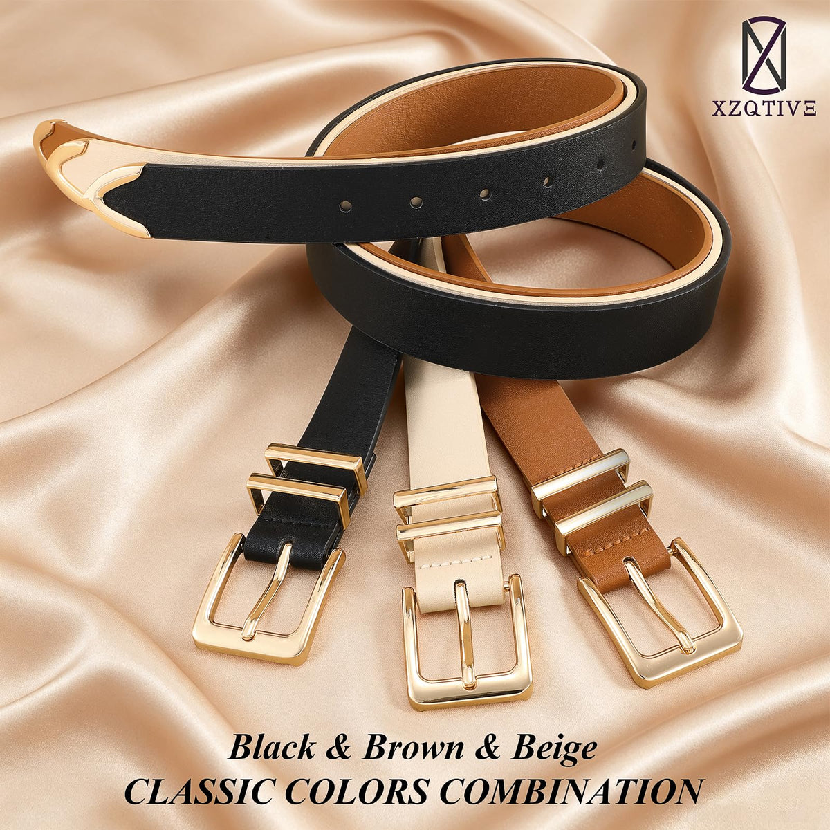 Women's Leather Waist Belts with Gold Buckle 3-Pack