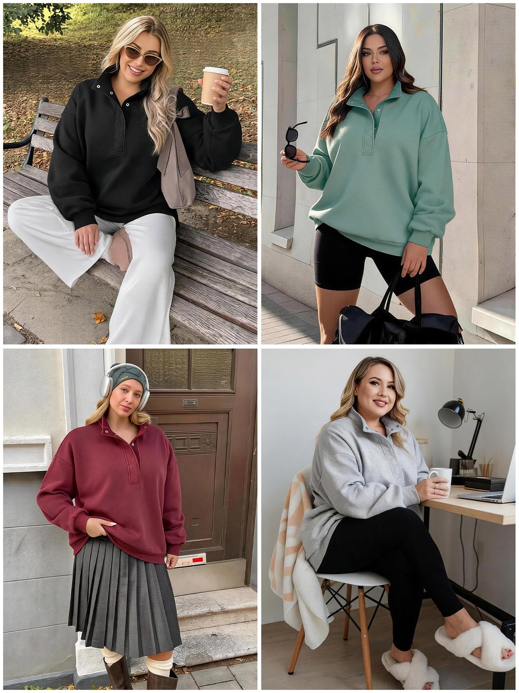 Women's Plus-Size Mock Neck Henley Pullover Sweatshirt