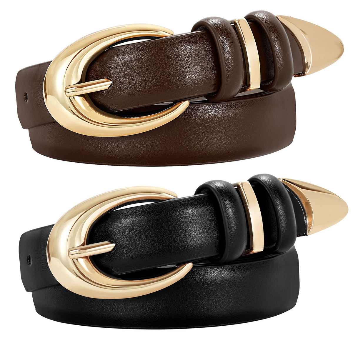 Women's Faux Leather Belt with Gold Buckle 2-Pack