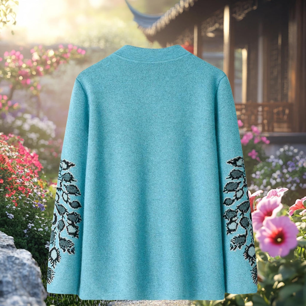 Women's Thickened Wool Jacquard Knit Cardigan - Blue