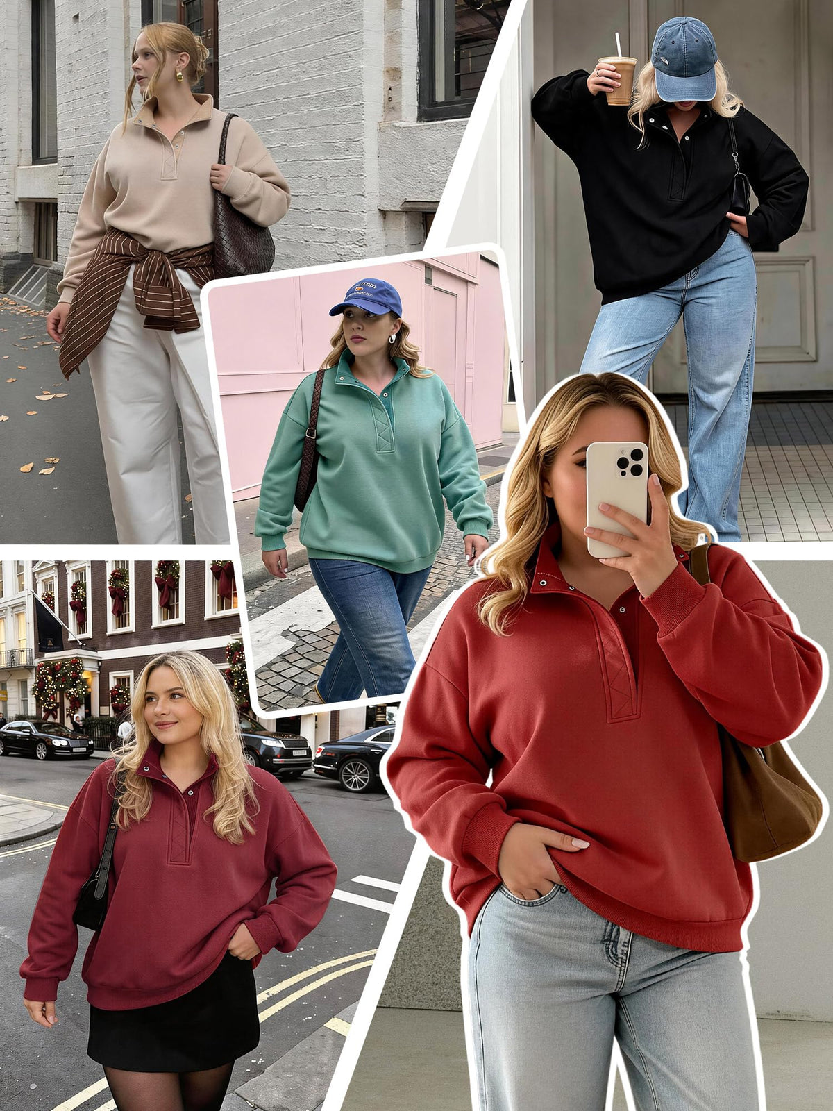 Women's Plus-Size Mock Neck Henley Pullover Sweatshirt