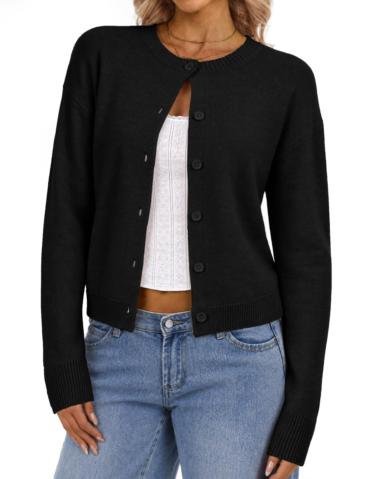 DLOODA Women's Cropped Crew Neck Cardigan Sweater
