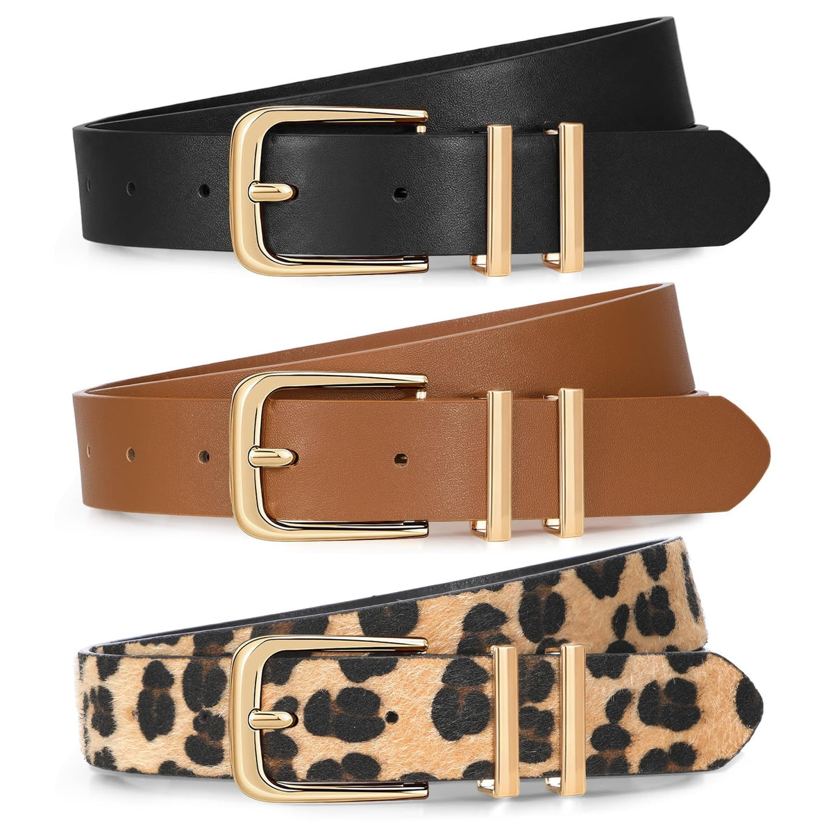 Women's Leather Waist Belts with Gold Buckle 3-Pack