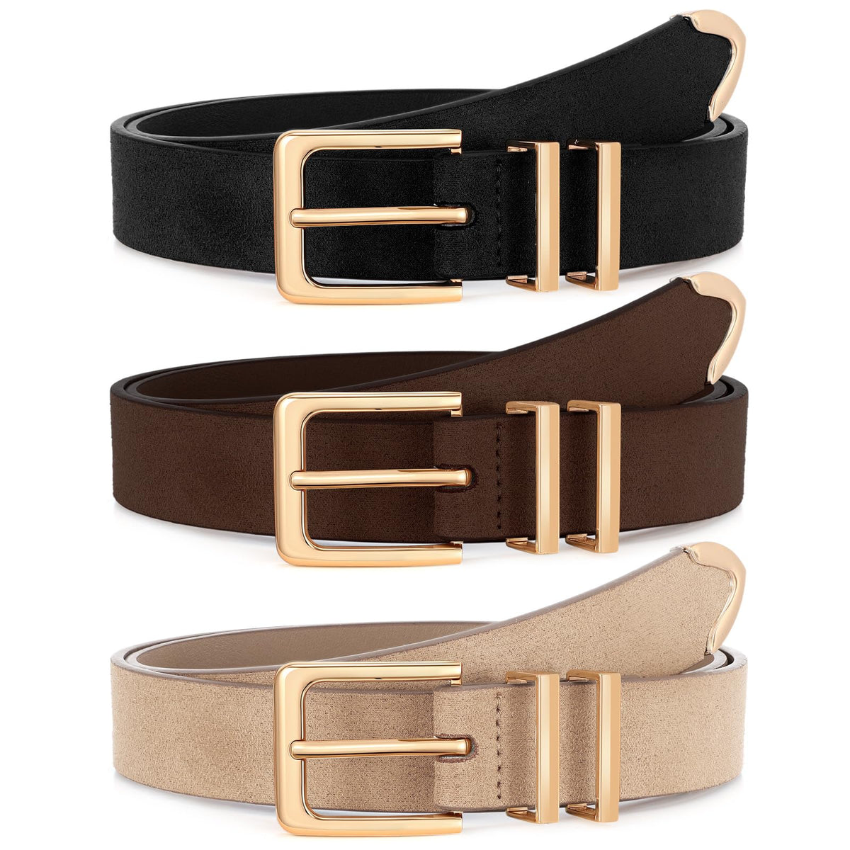 Women's Leather Waist Belts with Gold Buckle 3-Pack
